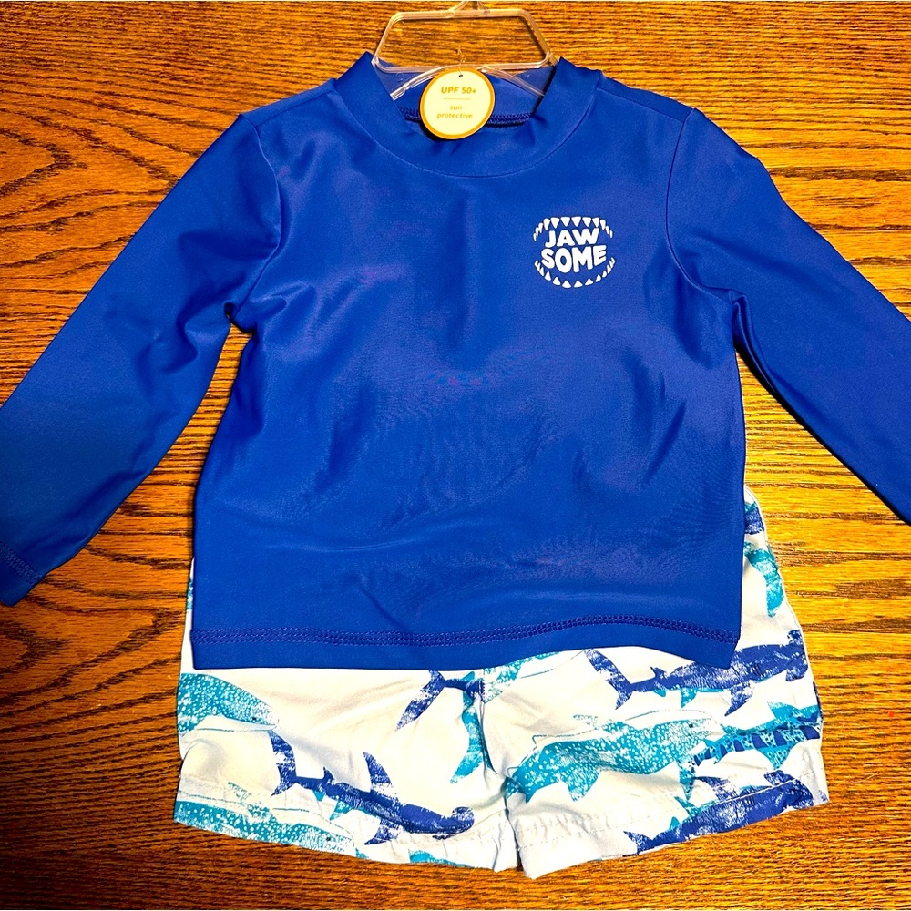Carter's Blue Rashguard Shark Trunks Swim Set size 9M